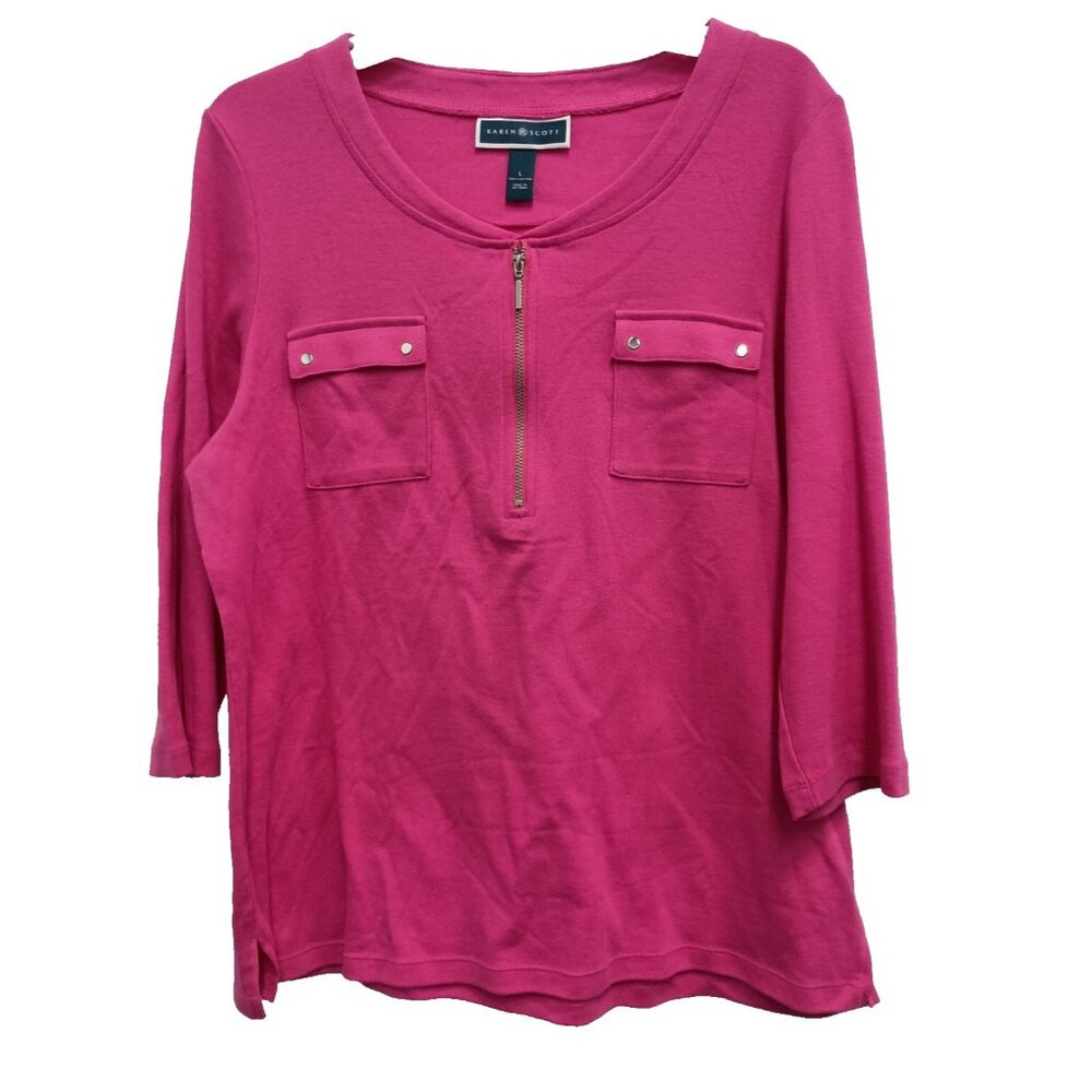 Karen Scott Womens Top Large Pink 3/4 Sleeve 1/4 Zip Pullover‎ Casual Minimalist